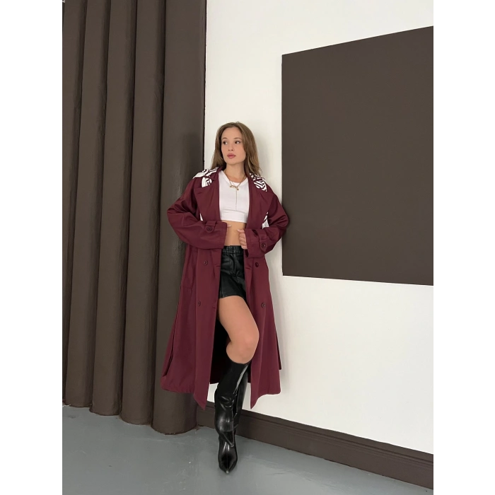 Fular Detaylı Uzun Trençkot Bordo