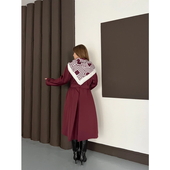 Fular Detaylı Uzun Trençkot Bordo