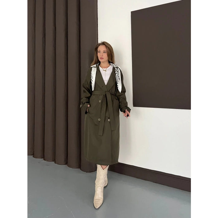 Fular Detaylı Uzun Trençkot Haki
