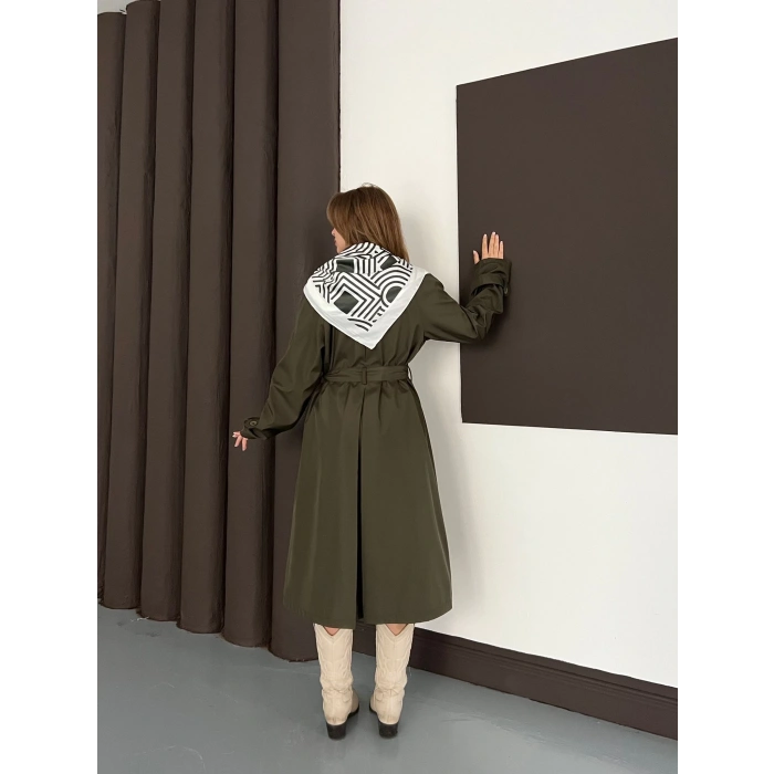 Fular Detaylı Uzun Trençkot Haki