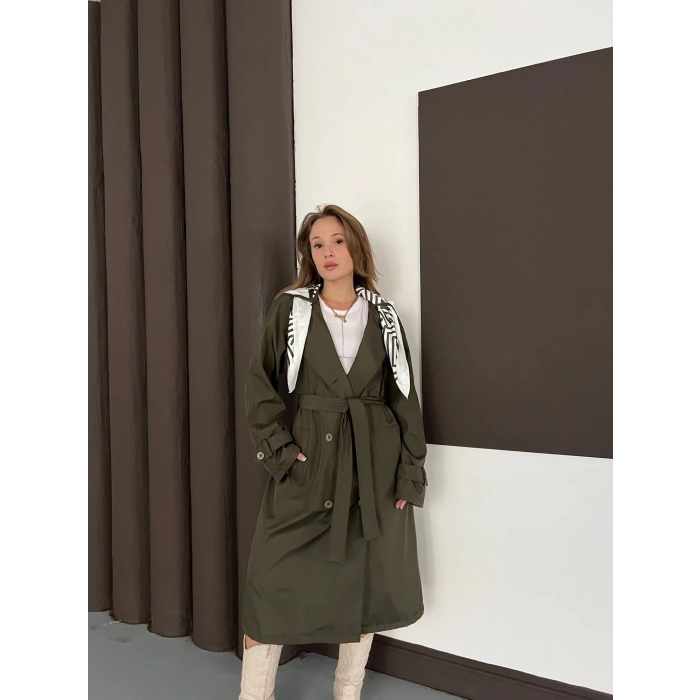 Fular Detaylı Uzun Trençkot Haki