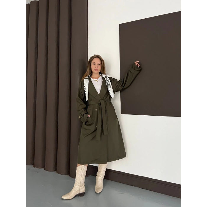 Fular Detaylı Uzun Trençkot Haki