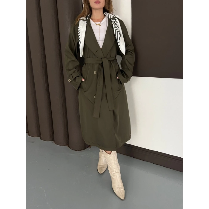 Fular Detaylı Uzun Trençkot Haki