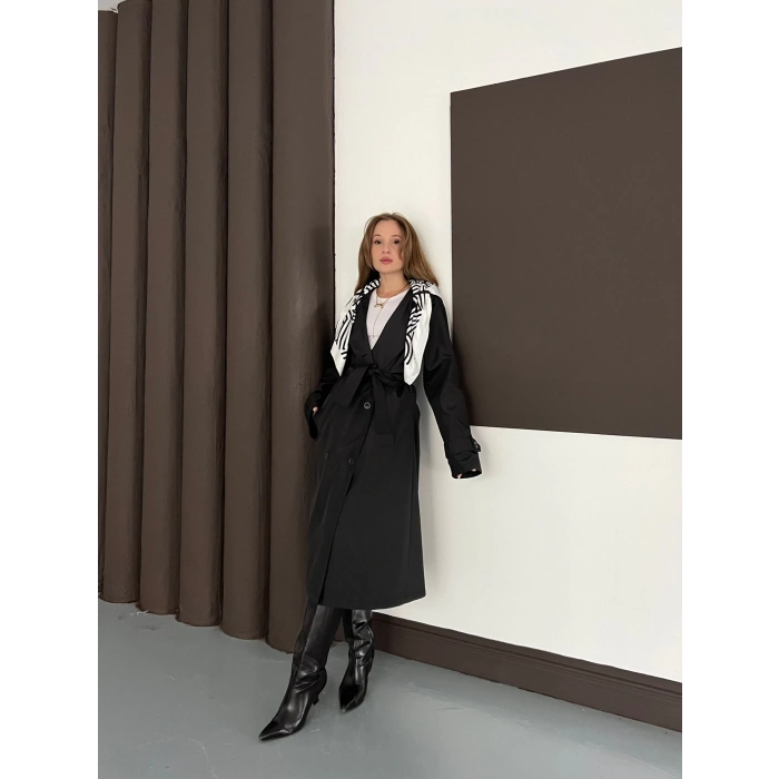 Fular Detaylı Uzun Trençkot Siyah