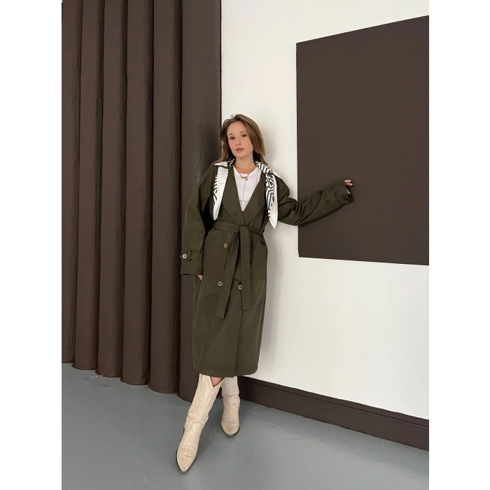 Fular Detaylı Uzun Trençkot Haki