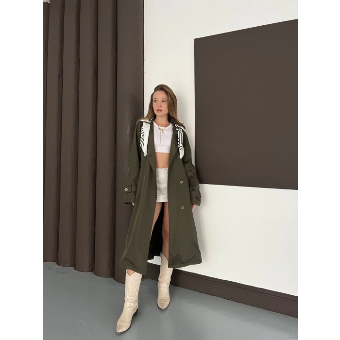 Fular Detaylı Uzun Trençkot Haki