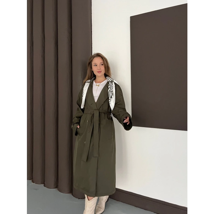 Fular Detaylı Uzun Trençkot Haki