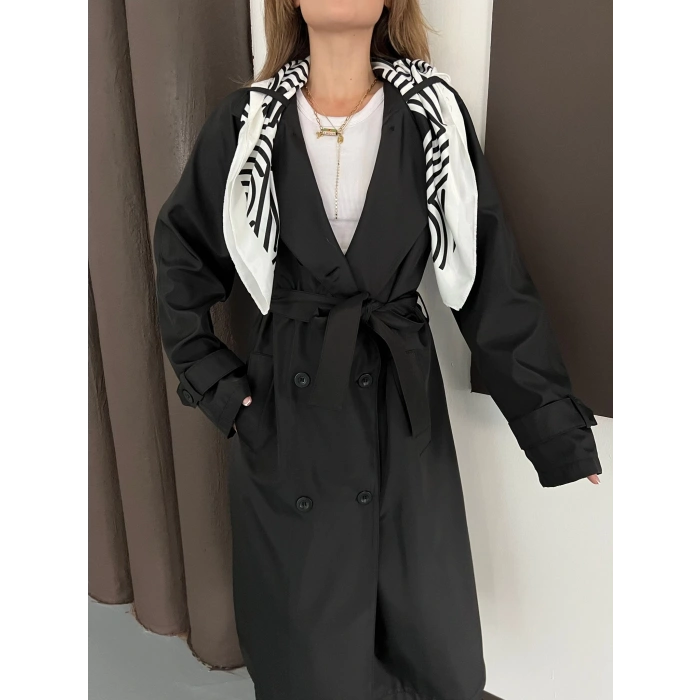 Fular Detaylı Uzun Trençkot Siyah