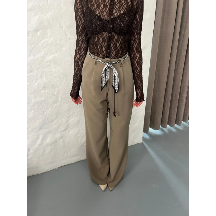 Fular Kemerli Yüksek Bel Pantolon Haki