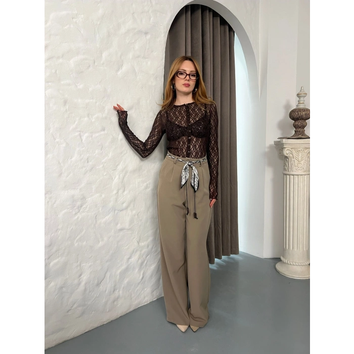 Fular Kemerli Yüksek Bel Pantolon Haki