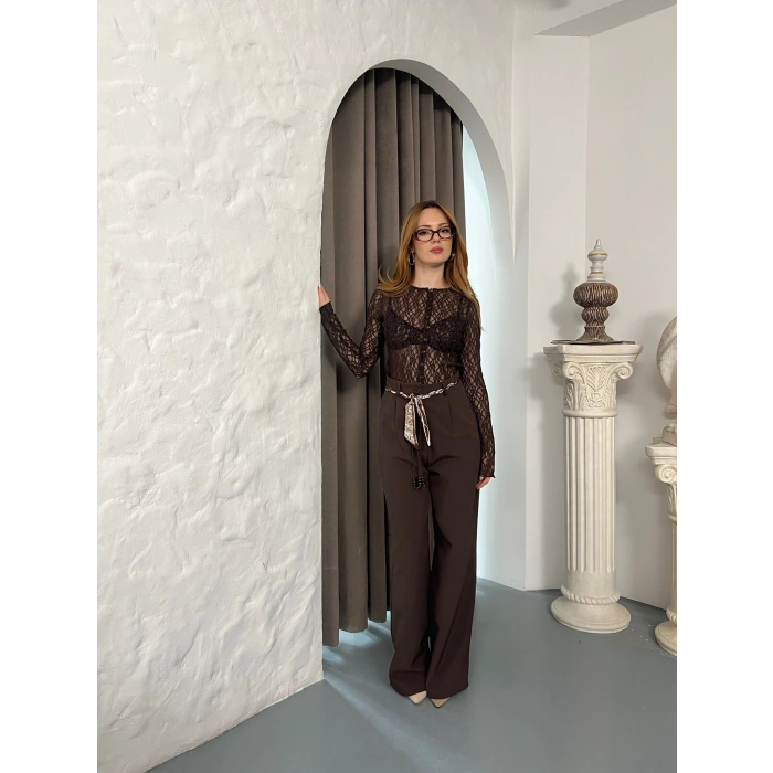 Fular Kemerli Yüksek Bel Pantolon Kahve