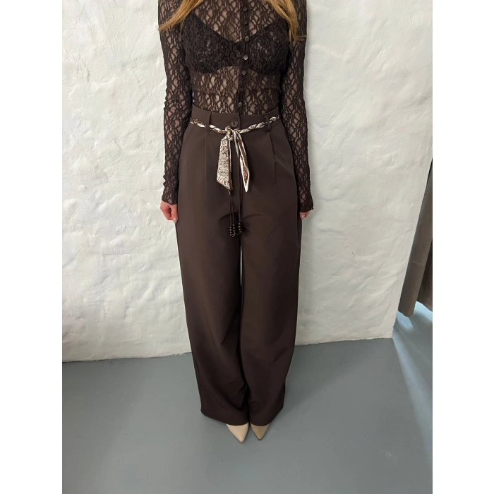 Fular Kemerli Yüksek Bel Pantolon Kahve
