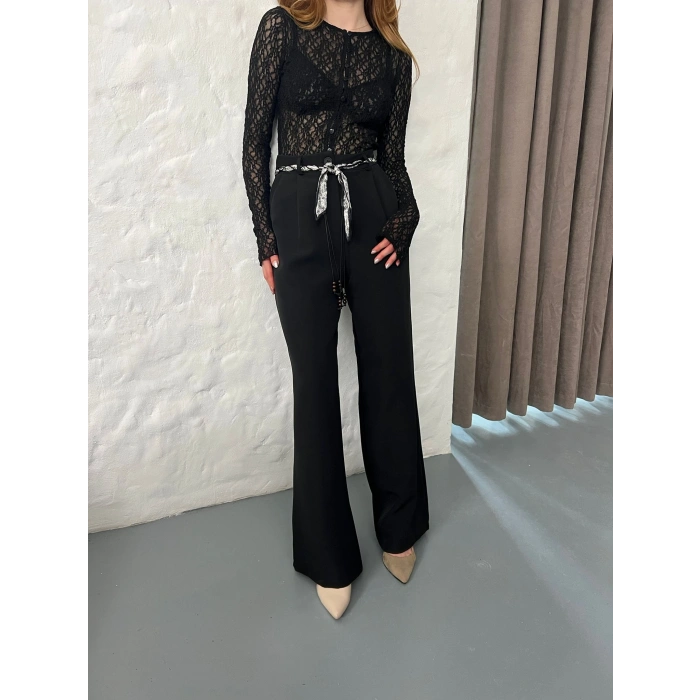 Fular Kemerli Yüksek Bel Pantolon Siyah