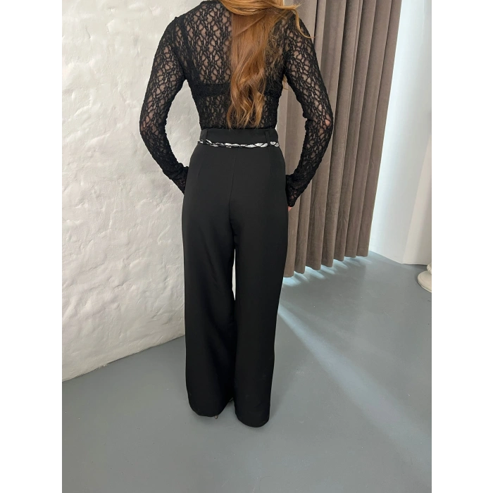 Fular Kemerli Yüksek Bel Pantolon Siyah