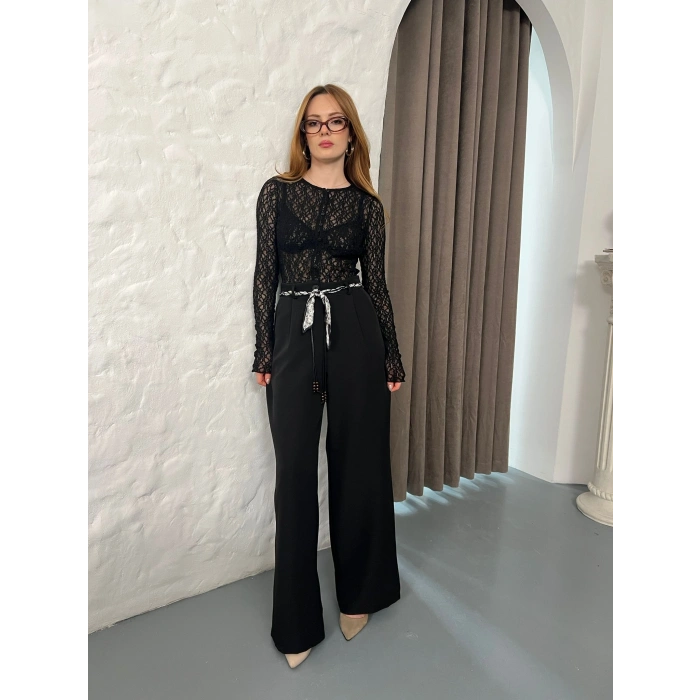 Fular Kemerli Yüksek Bel Pantolon Siyah