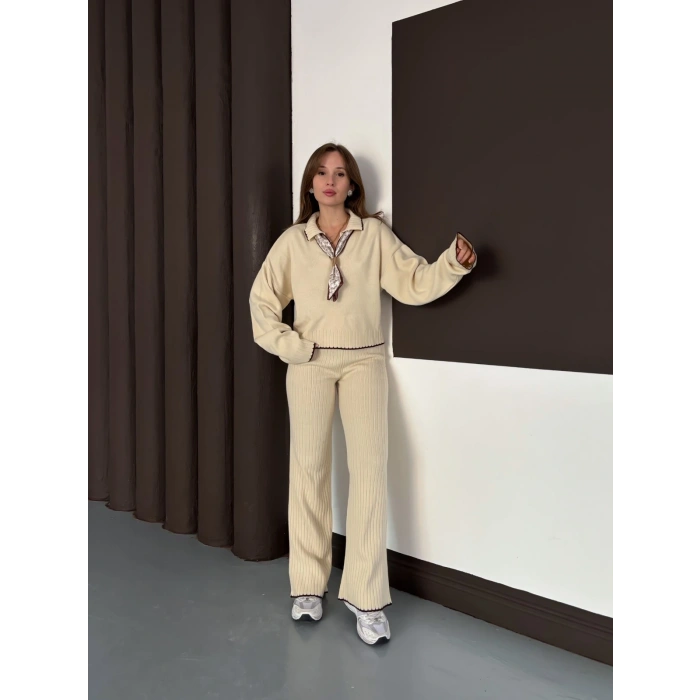 Fularlı Çoban Dikiş Triko Takım Bej