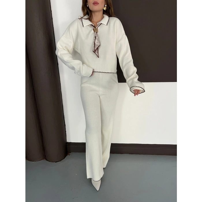 Fularlı Çoban Dikiş Triko Takım Ekru