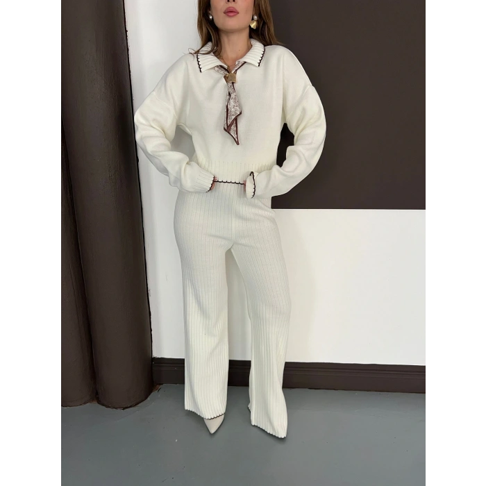 Fularlı Çoban Dikiş Triko Takım Ekru