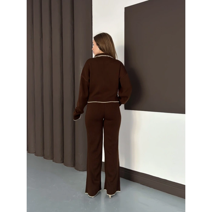 Fularlı Çoban Dikiş Triko Takım Kahverengi