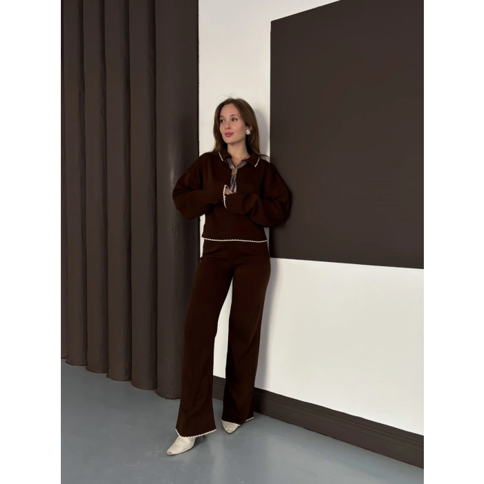 Fularlı Çoban Dikiş Triko Takım Kahverengi