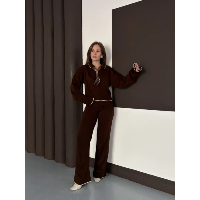 Fularlı Çoban Dikiş Triko Takım Kahverengi