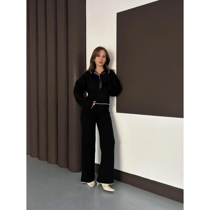 Fularlı Çoban Dikiş Triko Takım Siyah