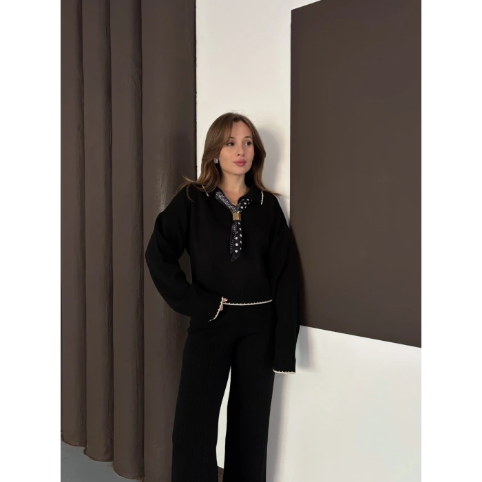 Fularlı Çoban Dikiş Triko Takım Siyah