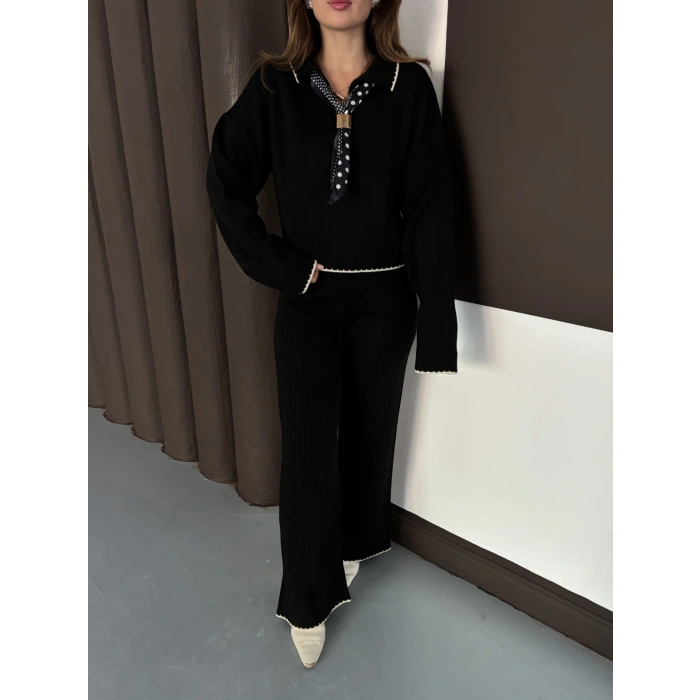 Fularlı Çoban Dikiş Triko Takım Siyah