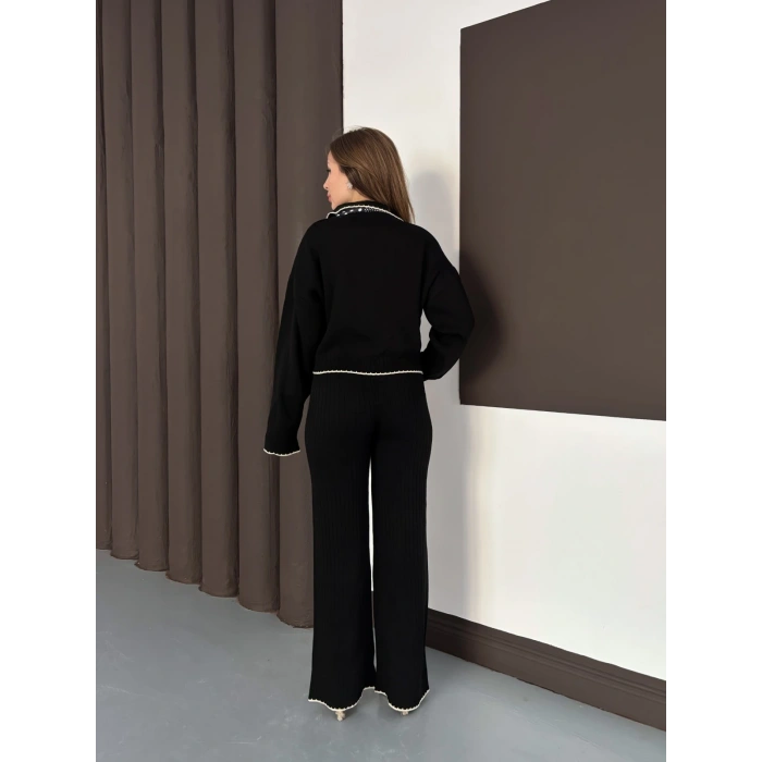 Fularlı Çoban Dikiş Triko Takım Siyah