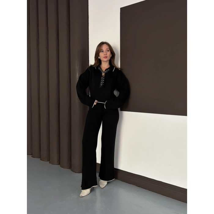 Fularlı Çoban Dikiş Triko Takım Siyah