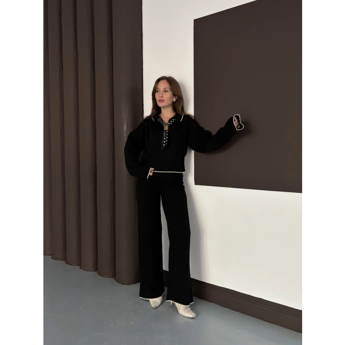 Fularlı Çoban Dikiş Triko Takım Siyah