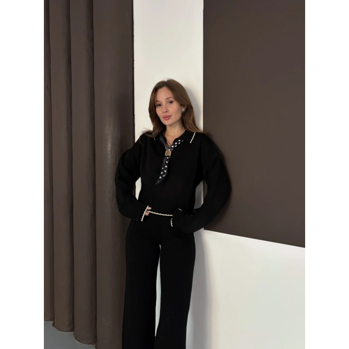 Fularlı Çoban Dikiş Triko Takım Siyah