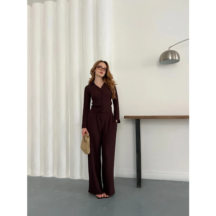 Gofre Kumaş Gömlekli Takım Acı Kahve