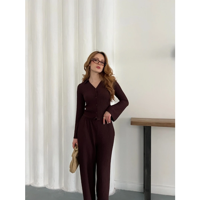 Gofre Kumaş Gömlekli Takım Acı Kahve