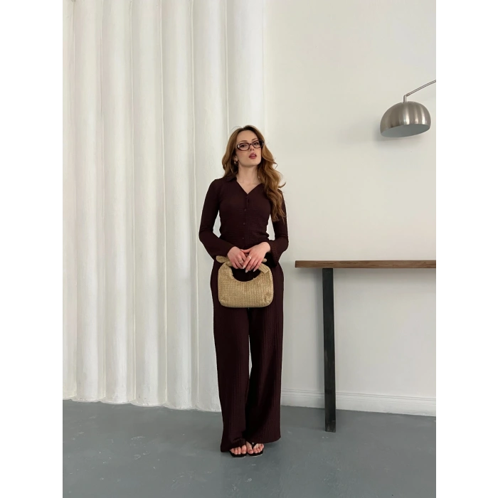 Gofre Kumaş Gömlekli Takım Acı Kahve