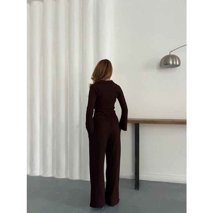 Gofre Kumaş Gömlekli Takım Acı Kahve