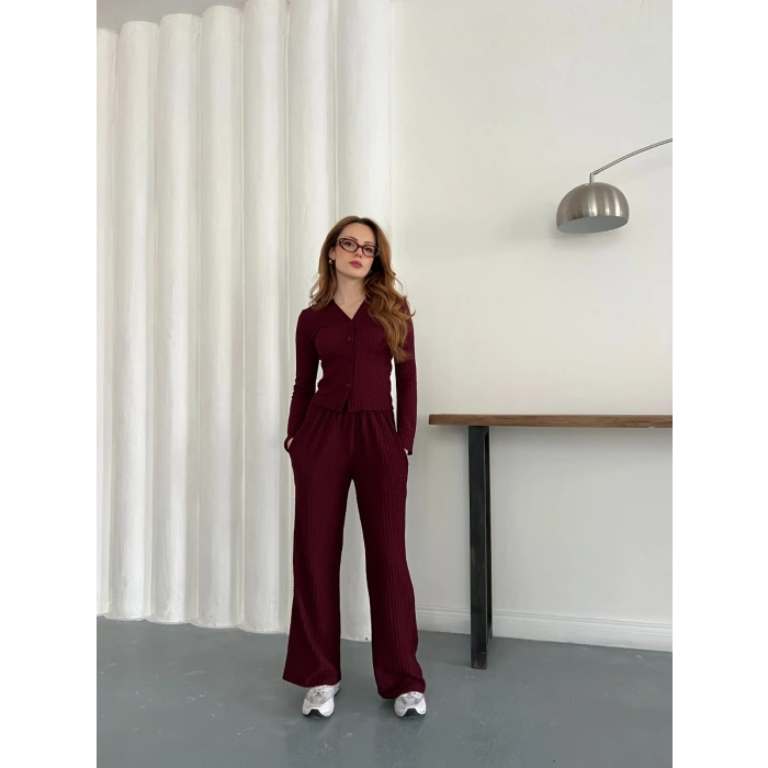 Gofre Kumaş Gömlekli Takım Bordo