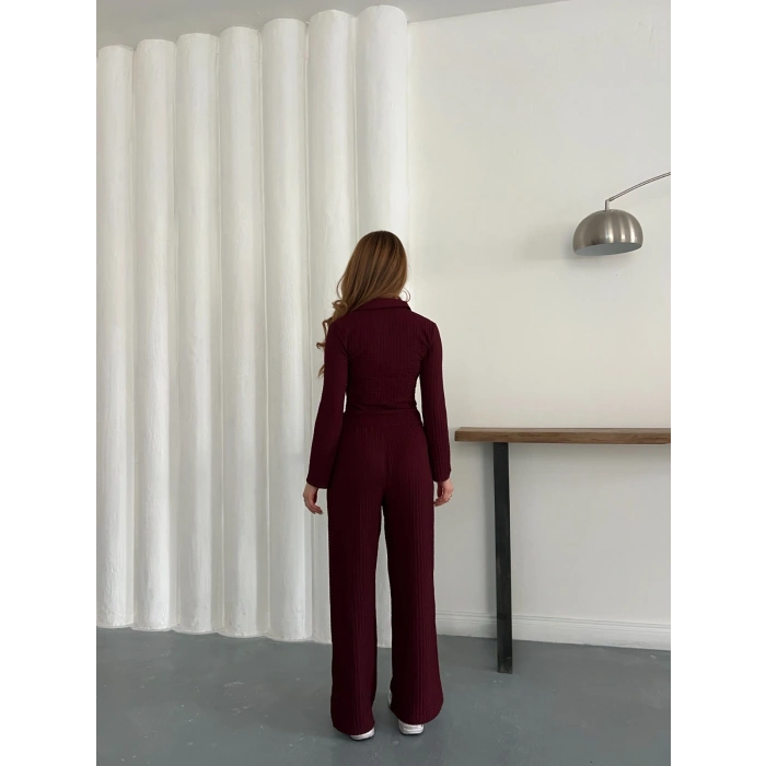 Gofre Kumaş Gömlekli Takım Bordo