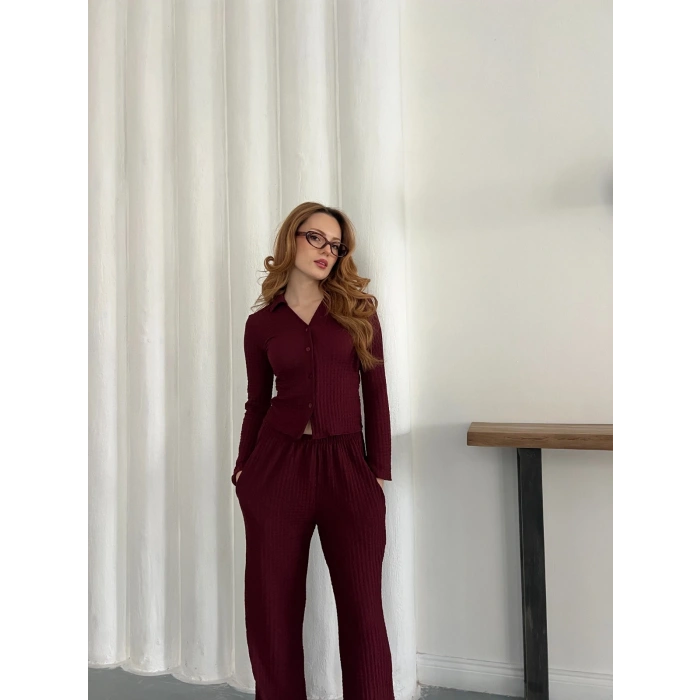 Gofre Kumaş Gömlekli Takım Bordo