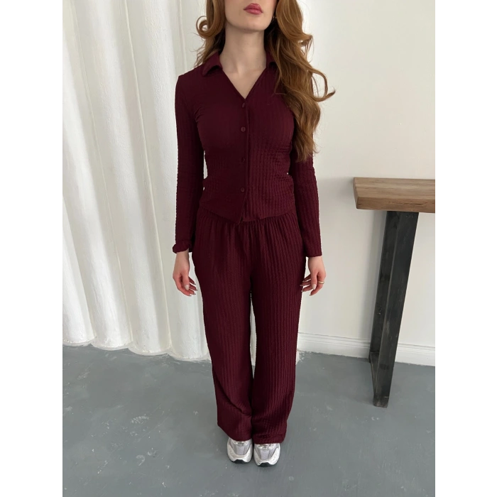 Gofre Kumaş Gömlekli Takım Bordo