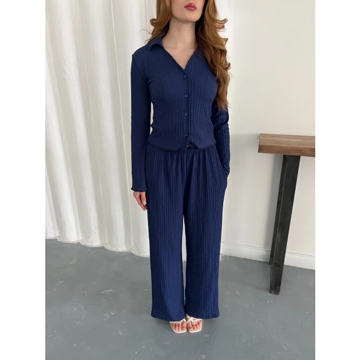 Gofre Kumaş Gömlekli Takım Lacivert