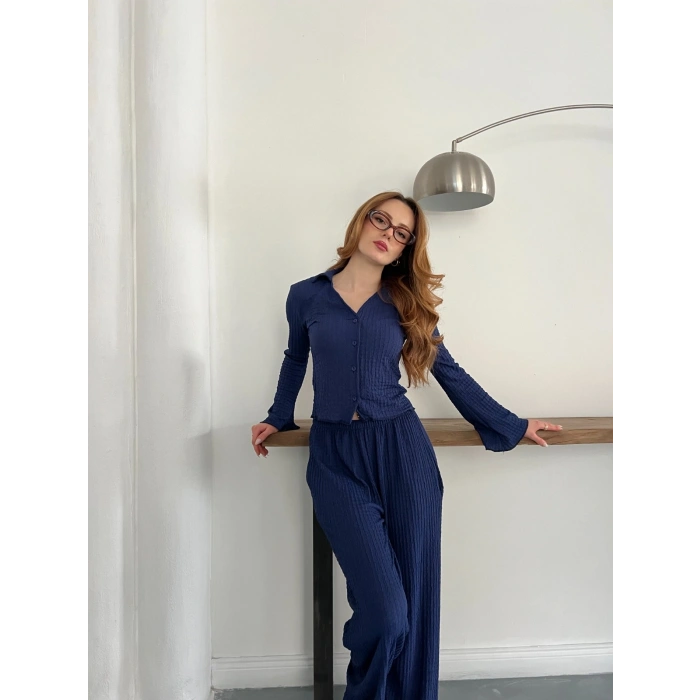 Gofre Kumaş Gömlekli Takım Lacivert