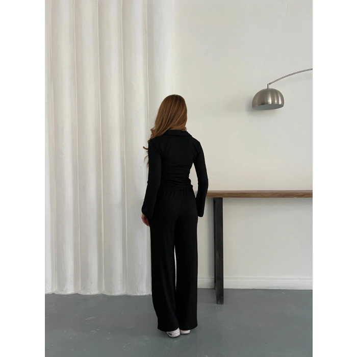 Gofre Kumaş Gömlekli Takım Siyah