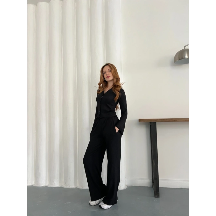 Gofre Kumaş Gömlekli Takım Siyah