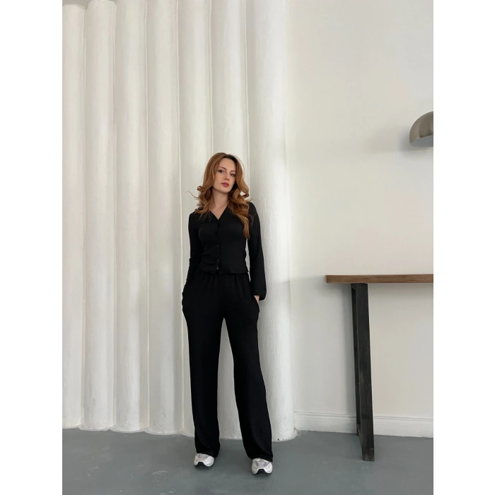 Gofre Kumaş Gömlekli Takım Siyah