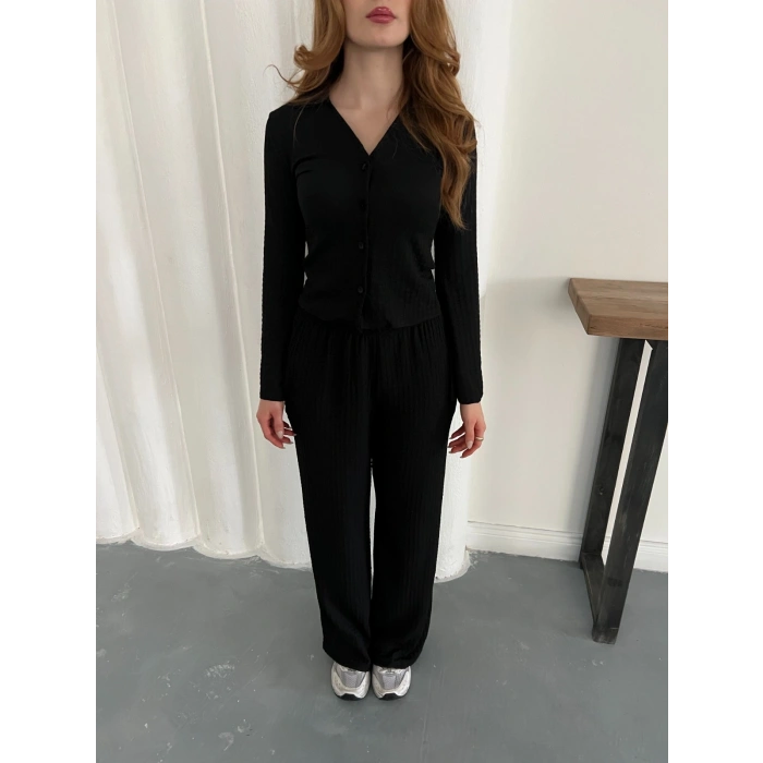 Gofre Kumaş Gömlekli Takım Siyah