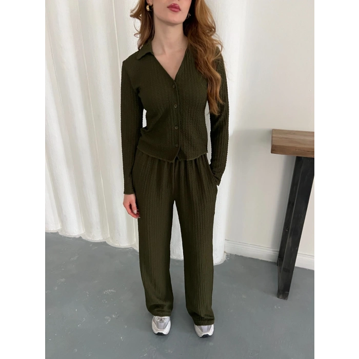 Gofre Kumaş Gömlekli Takım Yeşil