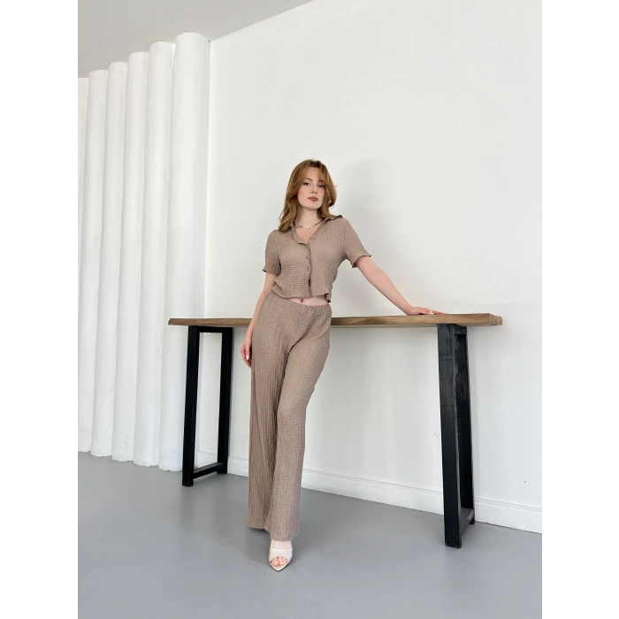 Gofre Kumaş İkili Takım Vizon