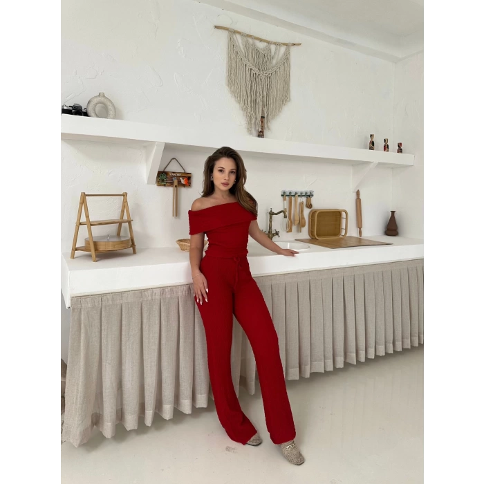 Gofre Kumaş Madonna Takım Kırmızı