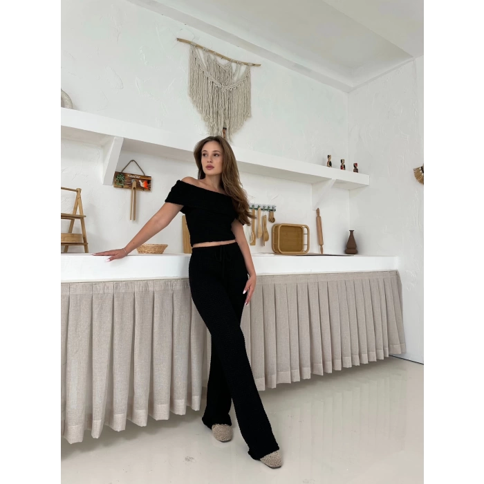 Gofre Kumaş Madonna Takım Siyah
